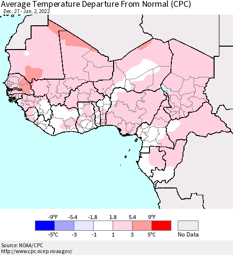 Western Africa Average Temperature Departure from Normal (CPC) Thematic Map For 12/27/2021 - 1/2/2022