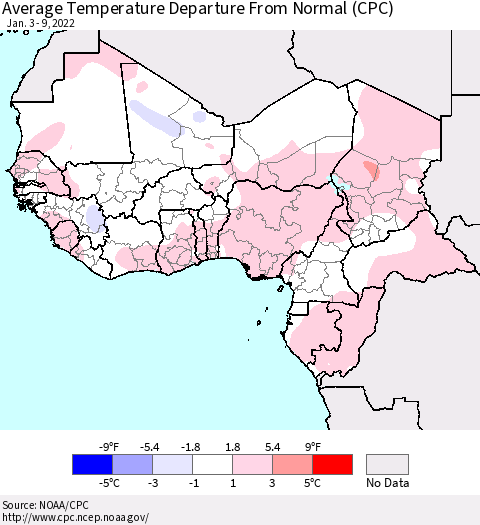 Western Africa Average Temperature Departure from Normal (CPC) Thematic Map For 1/3/2022 - 1/9/2022