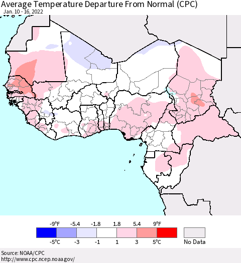 Western Africa Average Temperature Departure from Normal (CPC) Thematic Map For 1/10/2022 - 1/16/2022