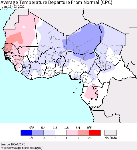 Western Africa Average Temperature Departure from Normal (CPC) Thematic Map For 1/17/2022 - 1/23/2022