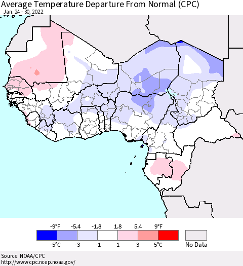 Western Africa Average Temperature Departure from Normal (CPC) Thematic Map For 1/24/2022 - 1/30/2022