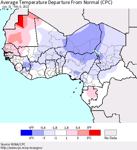 Western Africa Average Temperature Departure from Normal (CPC) Thematic Map For 1/31/2022 - 2/6/2022