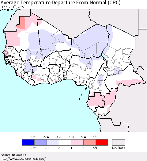 Western Africa Average Temperature Departure from Normal (CPC) Thematic Map For 2/7/2022 - 2/13/2022
