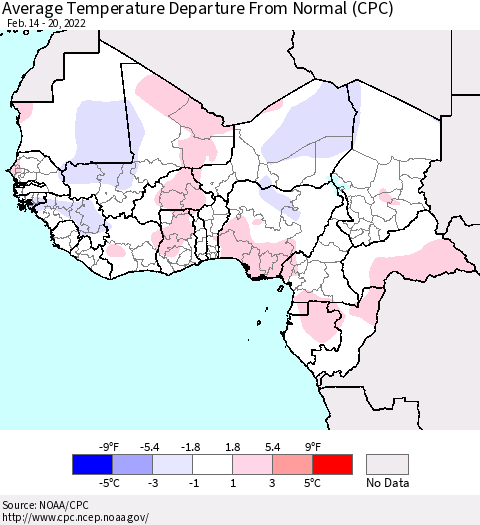Western Africa Average Temperature Departure from Normal (CPC) Thematic Map For 2/14/2022 - 2/20/2022