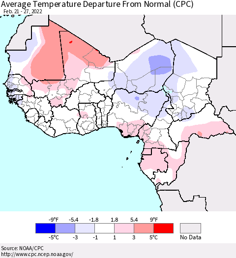 Western Africa Average Temperature Departure from Normal (CPC) Thematic Map For 2/21/2022 - 2/27/2022