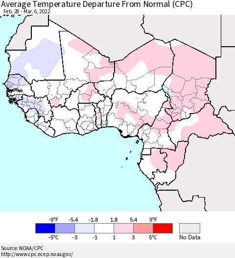 Western Africa Average Temperature Departure from Normal (CPC) Thematic Map For 2/28/2022 - 3/6/2022