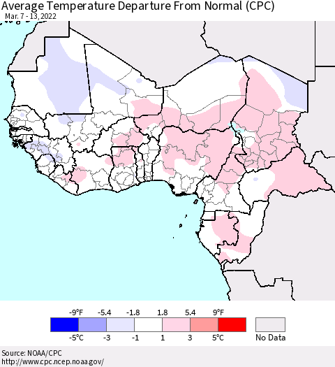 Western Africa Average Temperature Departure from Normal (CPC) Thematic Map For 3/7/2022 - 3/13/2022