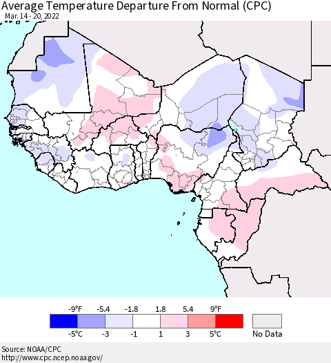 Western Africa Average Temperature Departure from Normal (CPC) Thematic Map For 3/14/2022 - 3/20/2022