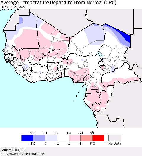 Western Africa Average Temperature Departure from Normal (CPC) Thematic Map For 3/21/2022 - 3/27/2022