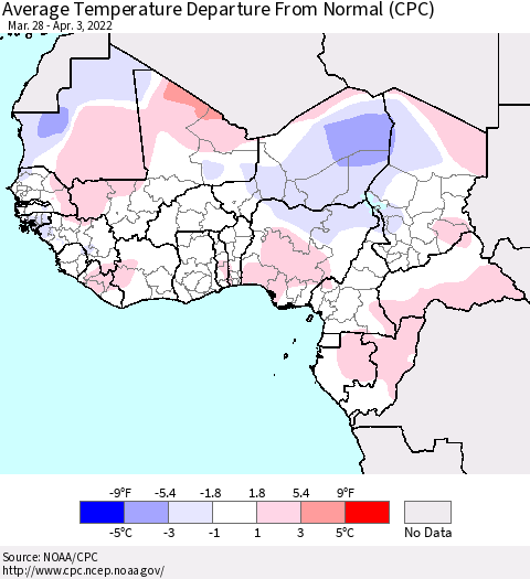 Western Africa Average Temperature Departure from Normal (CPC) Thematic Map For 3/28/2022 - 4/3/2022