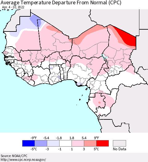 Western Africa Average Temperature Departure from Normal (CPC) Thematic Map For 4/4/2022 - 4/10/2022