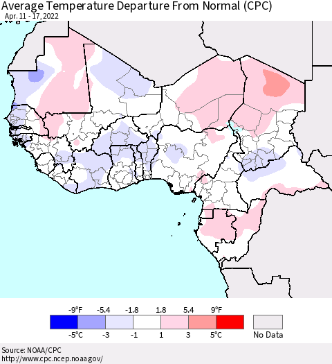 Western Africa Average Temperature Departure from Normal (CPC) Thematic Map For 4/11/2022 - 4/17/2022