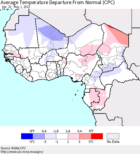 Western Africa Average Temperature Departure from Normal (CPC) Thematic Map For 4/25/2022 - 5/1/2022