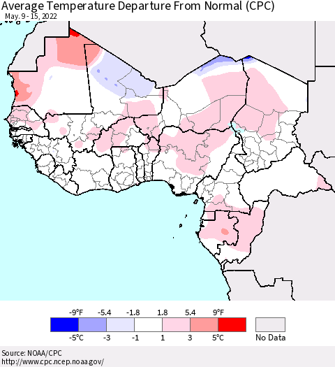 Western Africa Average Temperature Departure from Normal (CPC) Thematic Map For 5/9/2022 - 5/15/2022