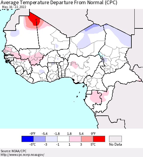 Western Africa Average Temperature Departure from Normal (CPC) Thematic Map For 5/16/2022 - 5/22/2022