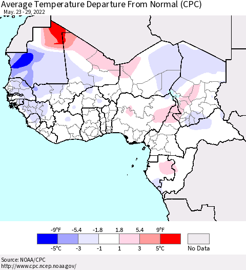 Western Africa Average Temperature Departure from Normal (CPC) Thematic Map For 5/23/2022 - 5/29/2022