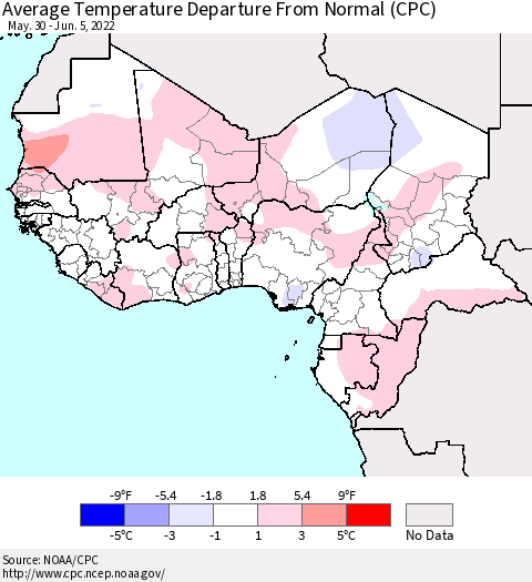 Western Africa Average Temperature Departure from Normal (CPC) Thematic Map For 5/30/2022 - 6/5/2022