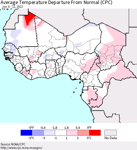 Western Africa Average Temperature Departure from Normal (CPC) Thematic Map For 6/6/2022 - 6/12/2022