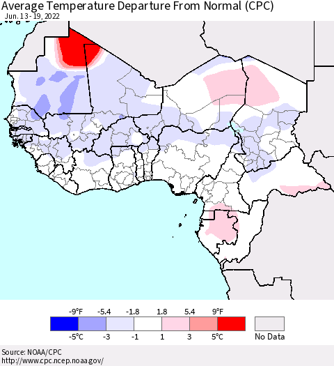 Western Africa Average Temperature Departure from Normal (CPC) Thematic Map For 6/13/2022 - 6/19/2022