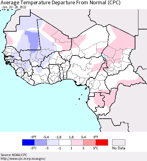 Western Africa Average Temperature Departure from Normal (CPC) Thematic Map For 6/20/2022 - 6/26/2022