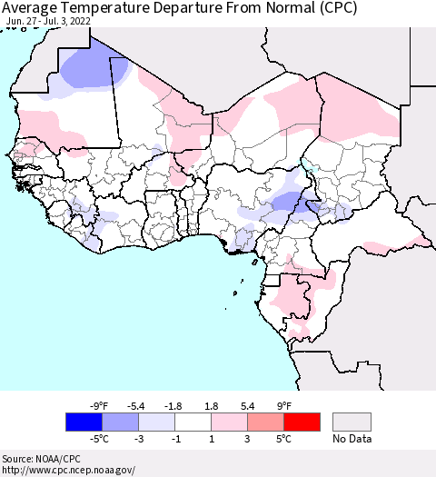 Western Africa Average Temperature Departure from Normal (CPC) Thematic Map For 6/27/2022 - 7/3/2022