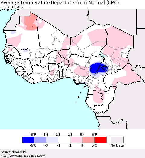 Western Africa Average Temperature Departure from Normal (CPC) Thematic Map For 7/4/2022 - 7/10/2022