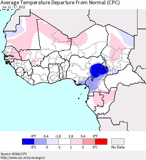 Western Africa Average Temperature Departure from Normal (CPC) Thematic Map For 7/11/2022 - 7/17/2022
