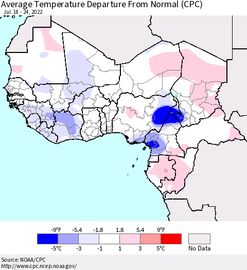 Western Africa Average Temperature Departure from Normal (CPC) Thematic Map For 7/18/2022 - 7/24/2022