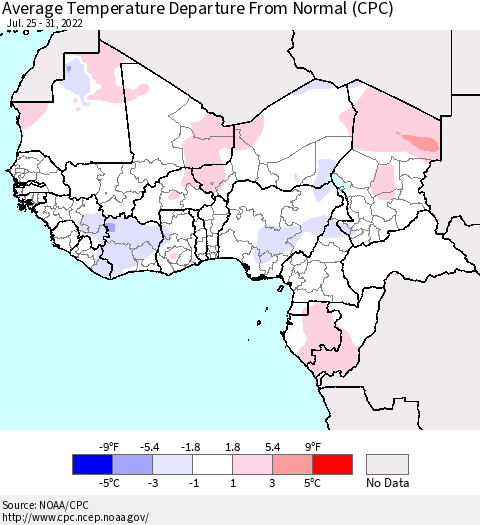 Western Africa Average Temperature Departure from Normal (CPC) Thematic Map For 7/25/2022 - 7/31/2022