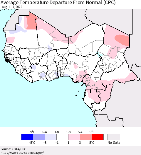 Western Africa Average Temperature Departure from Normal (CPC) Thematic Map For 8/1/2022 - 8/7/2022