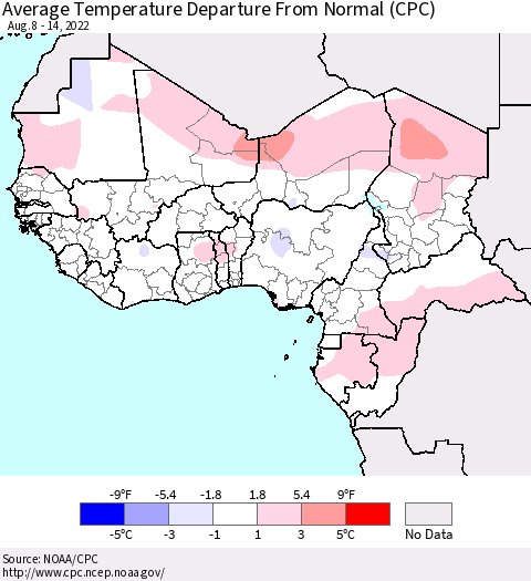Western Africa Average Temperature Departure from Normal (CPC) Thematic Map For 8/8/2022 - 8/14/2022