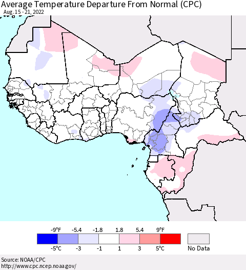 Western Africa Average Temperature Departure from Normal (CPC) Thematic Map For 8/15/2022 - 8/21/2022