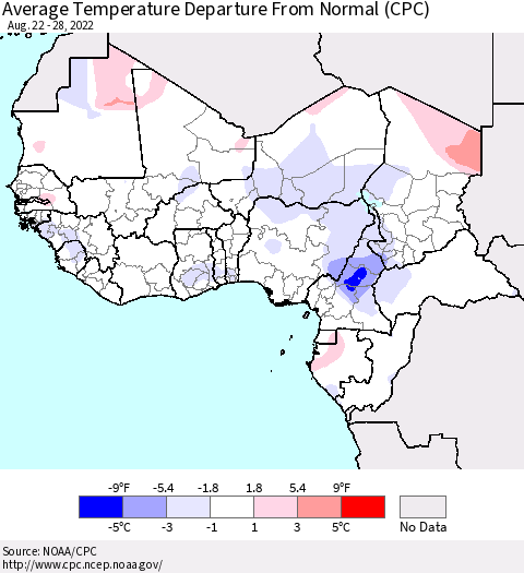 Western Africa Average Temperature Departure from Normal (CPC) Thematic Map For 8/22/2022 - 8/28/2022