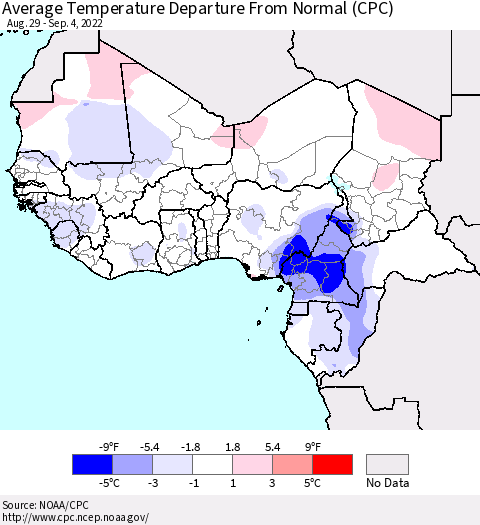 Western Africa Average Temperature Departure from Normal (CPC) Thematic Map For 8/29/2022 - 9/4/2022