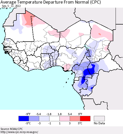 Western Africa Average Temperature Departure from Normal (CPC) Thematic Map For 9/5/2022 - 9/11/2022