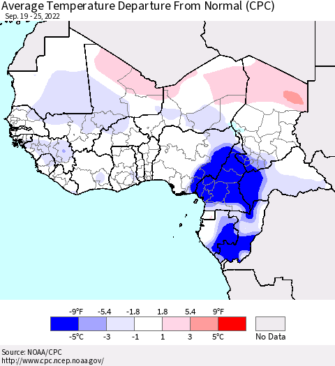 Western Africa Average Temperature Departure from Normal (CPC) Thematic Map For 9/19/2022 - 9/25/2022