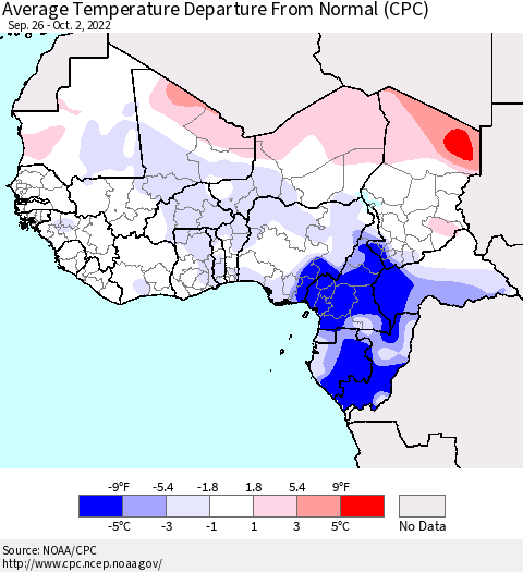 Western Africa Average Temperature Departure from Normal (CPC) Thematic Map For 9/26/2022 - 10/2/2022