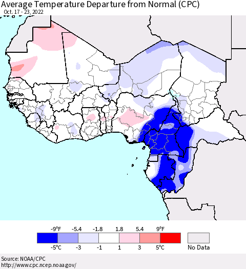 Western Africa Average Temperature Departure from Normal (CPC) Thematic Map For 10/17/2022 - 10/23/2022