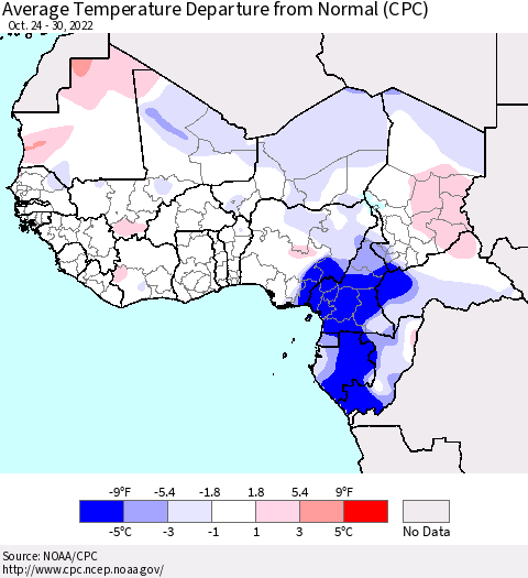 Western Africa Average Temperature Departure from Normal (CPC) Thematic Map For 10/24/2022 - 10/30/2022