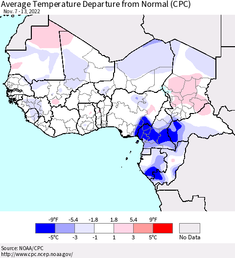 Western Africa Average Temperature Departure from Normal (CPC) Thematic Map For 11/7/2022 - 11/13/2022