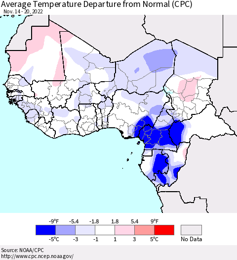 Western Africa Average Temperature Departure from Normal (CPC) Thematic Map For 11/14/2022 - 11/20/2022