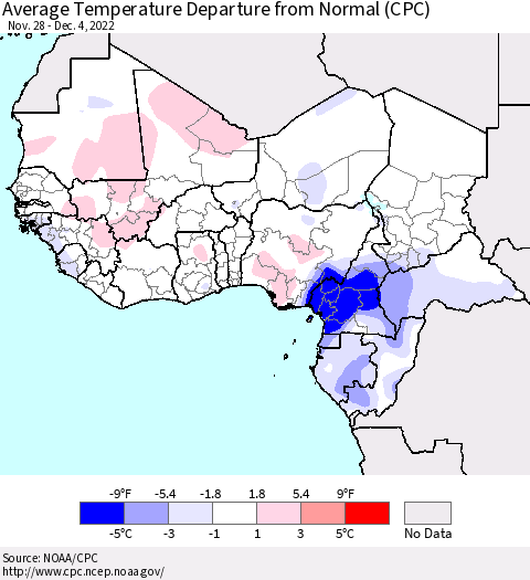 Western Africa Average Temperature Departure from Normal (CPC) Thematic Map For 11/28/2022 - 12/4/2022