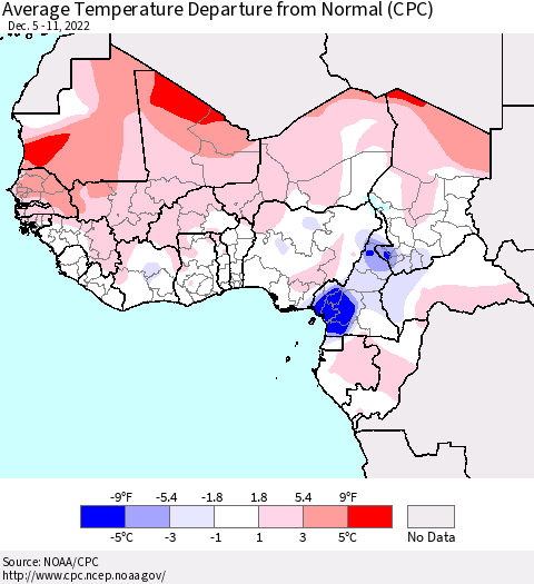 Western Africa Average Temperature Departure from Normal (CPC) Thematic Map For 12/5/2022 - 12/11/2022