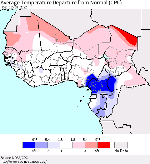 Western Africa Average Temperature Departure from Normal (CPC) Thematic Map For 12/12/2022 - 12/18/2022