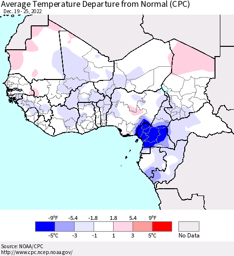 Western Africa Average Temperature Departure from Normal (CPC) Thematic Map For 12/19/2022 - 12/25/2022