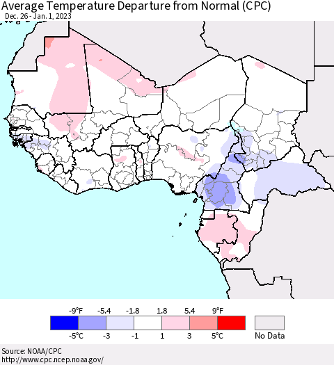 Western Africa Average Temperature Departure from Normal (CPC) Thematic Map For 12/26/2022 - 1/1/2023