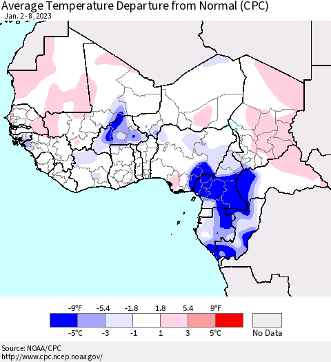 Western Africa Average Temperature Departure from Normal (CPC) Thematic Map For 1/2/2023 - 1/8/2023