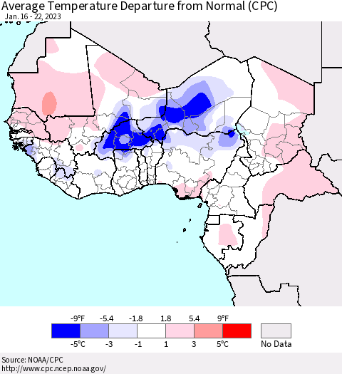 Western Africa Average Temperature Departure from Normal (CPC) Thematic Map For 1/16/2023 - 1/22/2023