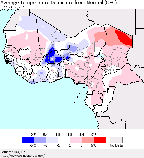 Western Africa Average Temperature Departure from Normal (CPC) Thematic Map For 1/23/2023 - 1/29/2023