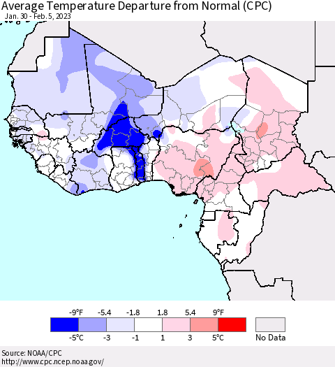 Western Africa Average Temperature Departure from Normal (CPC) Thematic Map For 1/30/2023 - 2/5/2023